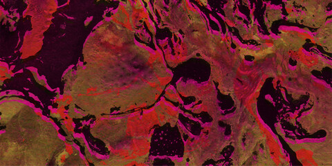 Abstract expressionist artwork with vibrant hues including pink red and yellow merging over a black background creating a complex textural visual impact.