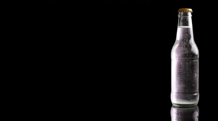 Eyelevel clear glass water bottle with rim lighting on reflective black surface, highlighting purity and texture, copy space on left