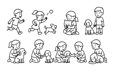 Children playing and caring for dogs - fun and friendship scenes for pet care awareness