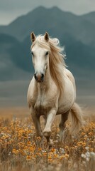 Obraz premium White horse galloping through wildflowers against a mountainous landscape at sunset