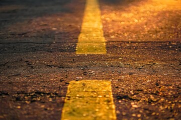 The golden hour sunset illuminates a faded yellow line on old asphalt, which is a beautiful blend...