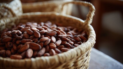 Closeup of freshly harvested cocoa beans in woven basket with soft sunlight highlighting rich brown hues and textured surface on a rustic background with copy space