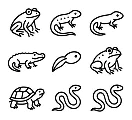 Swamp Creatures Icons. Outline icon set of swamp amphibians and reptiles: tree frog, salamander, newt, caiman, tadpole, toad,