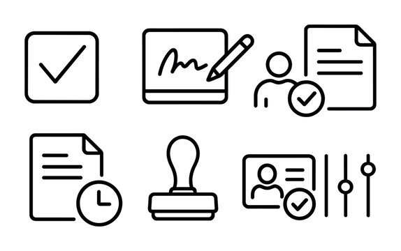 Digital signature and approval icons for document verification and identification