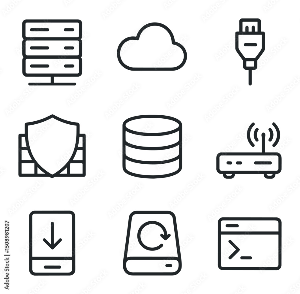 Poster tech infrastructure icons. outline icon set of tech infrastructure setup: server rack, cloud icon, n