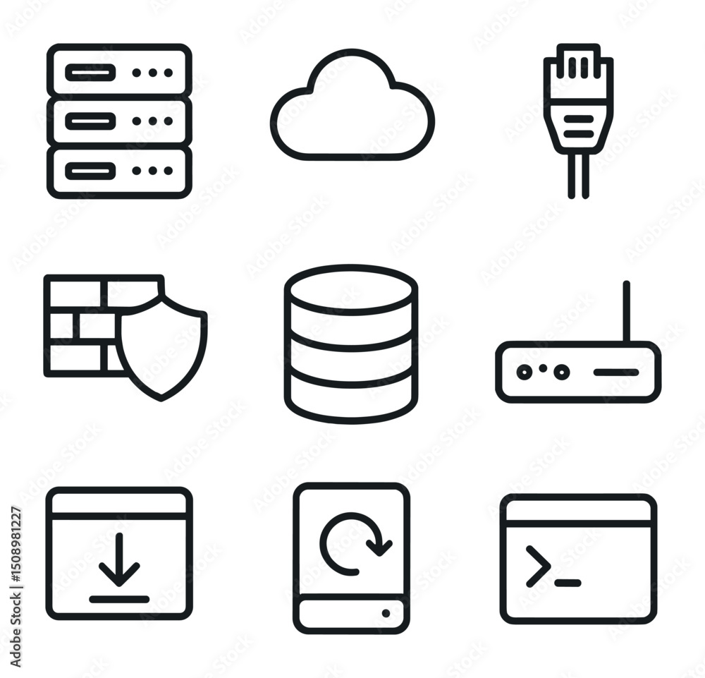 Poster tech infrastructure icons. outline icon set of tech infrastructure setup: server rack, cloud icon, n