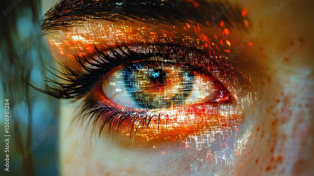 Poster close-up of a human eye overlaid with an abstract grid pattern and vibrant colors, creates a futuris