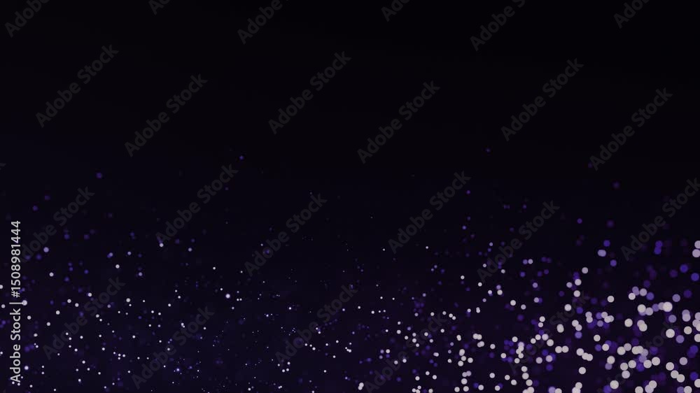 Poster abstract purple background with glowing light particles scattered across the bottom on a dark gradie