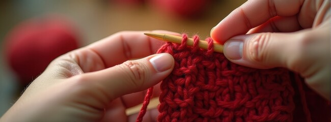 Hands knitting red yarn with wooden needles close-up.