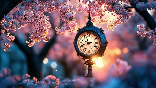 Beautiful spring scene with pink cherry blossoms and vintage street clock at sunset.