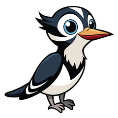 Animated cartoon woodpecker with blue eyes and small gray legs stands cheerfully