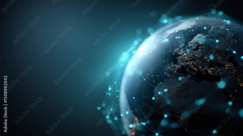 Leinwandbilder Glowing earth globe with digital network lines and data points on a dark blue background emphasizing technology and connectivity with copy space