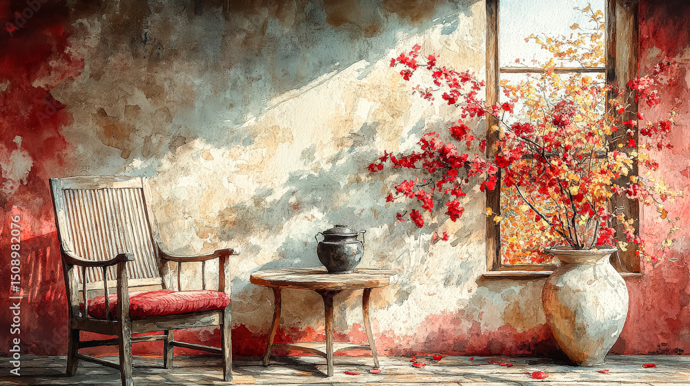 Poster chair is in front of a table with a vase on it
