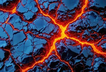 Molten lava flowing through cracked volcanic rock landscape during daylight hours