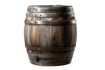 PNG Vintage wooden barrel with metal hoops on black background