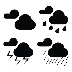 Weather vector icon set. Black weather vector icon set on white background, rainy, cloudy season and thunder weather. Vector illustration.