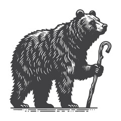 Obraz premium Vintage Hand-Drawn Marsican Brown Bear Illustration – Walking Stick Holding Character Engraved Style Vector For T-Shirts Posters Stickers And Adventure Lover Apparel