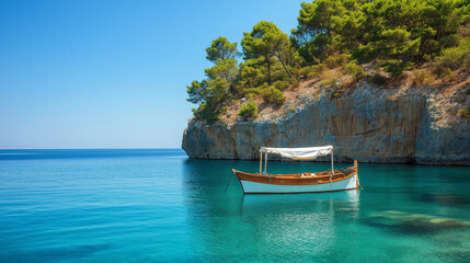 Obraz premium Scenic coastal landscape featuring wooden boat on calm turquoise waters near rocky cliff