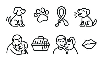 Fototapeta premium Pet care icons set: dog training, transport, and bonds