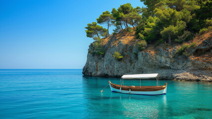 Obraz premium Scenic coastal landscape of tranquil blue waters with a small boat and rocky cliffs under sunlight