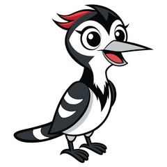 A cute cartoon female woodpecker smiles cheerfully with red feathers and a white background