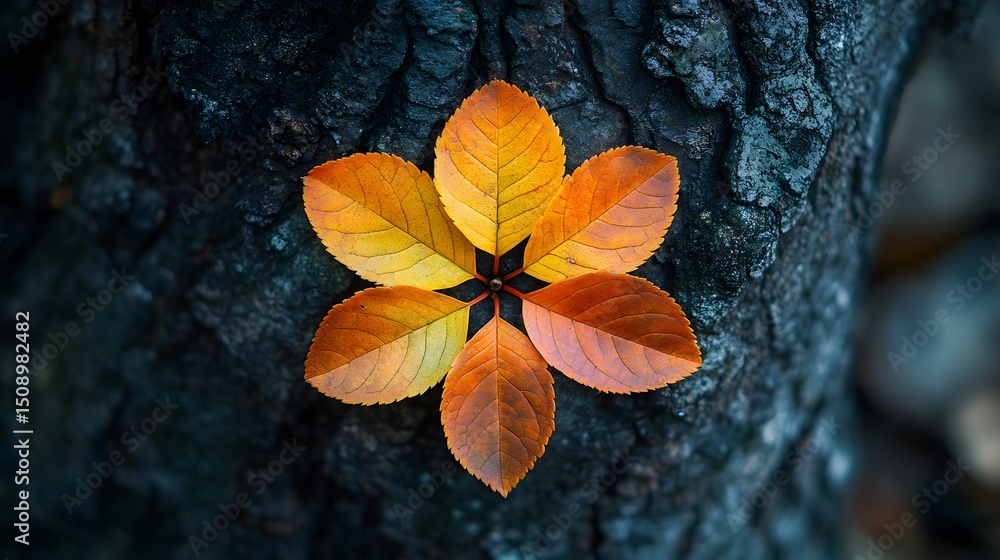 Poster a captivating close-up features vibrant fall foliage arranged in a starburst pattern against dark ba