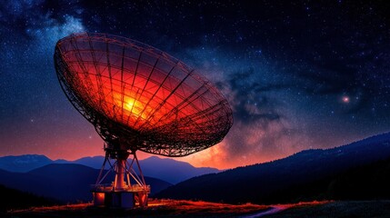 Giant radio telescope under starry night sky