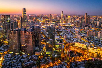 Aerial photography of CBD night scene in Tianjin, China
