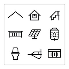 Tiny House Icon Set. Outline icon set of tiny house exterior elements: gable roof, loft window, exterior stairs, porch railing, © Svitlana