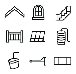 Tiny House Icon Set. Outline icon set of tiny house exterior elements: gable roof, loft window, exterior stairs, porch railing, © Svitlana