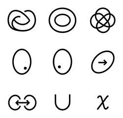 Topology Icon Set. Outline icon set of topology ideas: Möbius strip, torus, knot, open set, closed set, continuous map,