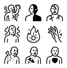 Tormented Transformation Icons. Outline icon set of tormented transformation: mutating figure, half-soul half-ash, cracked flesh,