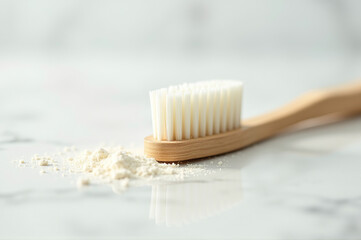 A bamboo toothbrush rests on a smooth marble surface beside a pile of natural tooth powder. The setup highlights a sustainable approach to dental hygiene, combining simplicity with eco-consciousness