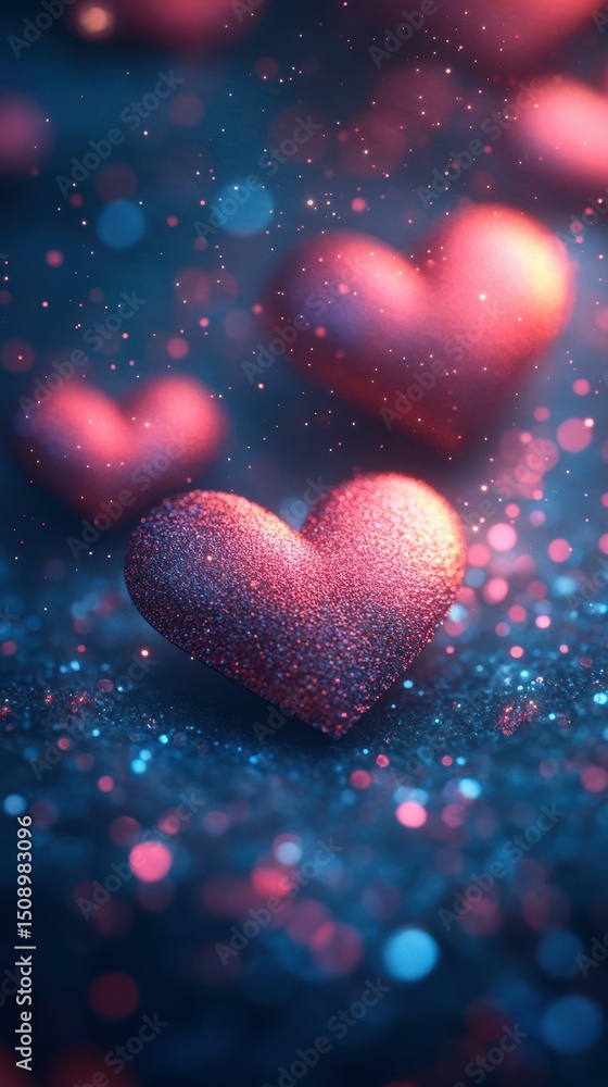 Poster sparkling hearts create a romantic atmosphere with glowing lights and colorful bokeh effects