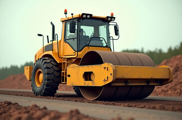 A powerful roller compactor moves along a freshly graded road, compressing soil and preparing the ground for new infrastructure under a clear blue sky