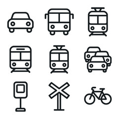 Fototapeta na wymiar Traffic Icon Set. Outline icon set of traffic and transit: car icon, bus silhouette, train outline, subway car, tram icon, traffic