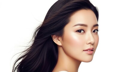 Fototapeta premium Portrait of a woman with flowing dark hair set against a transparent background showcasing a beauty shot with soft lighting and radiant skin. The image highlights her facial features.