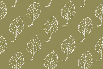 Seamless pattern with autumn birch leaf in line art style on green background. Design for wallpaper, gift paper, package, card, wrapping.