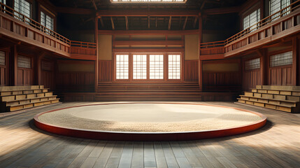 Empty Sumo Ring with Sand and Wooden Spectator Seating in Arena