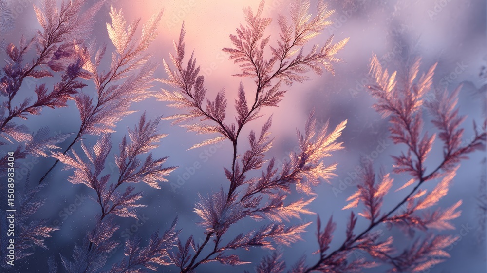 Poster frosted feather ice patterns on a frozen lake surface at sunrise with glowing pale pink branches and