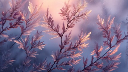 Frosted feather ice patterns on a frozen lake surface at sunrise with glowing pale pink branches and dreamy background, perfect for ethereal winter landscapes
