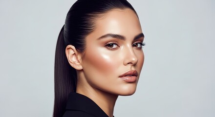 Naklejka premium Elegant Portrait of a Young Woman with Glossy Makeup and High Ponytail Against a Light Grey Background