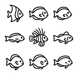 Tropical Fish Icons. Outline icon set of tropical fish varieties: angelfish, surgeonfish, damselfish, wrasse, lionfish, goby,