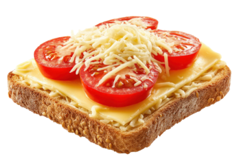 Delicious open faced sandwich with cheese tomatoes and shredded cheese on transparent background