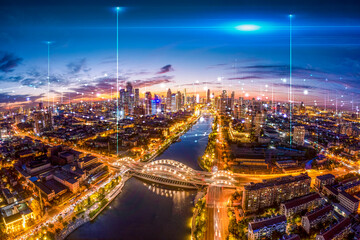 Obraz premium Aerial photography of Tianjin city night scene with a sense of technology