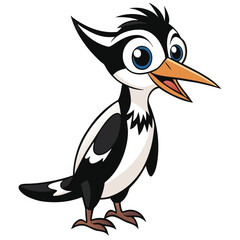 Cartoon kingfisher bird smiling with its beak open stands on a white background