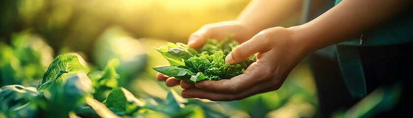 Hands holding fresh greens in a garden setting.