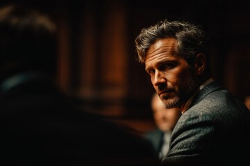 Intense Middle Aged Man in Suit Looks Back Over Shoulder Amid Meeting with Other People in Dark Room