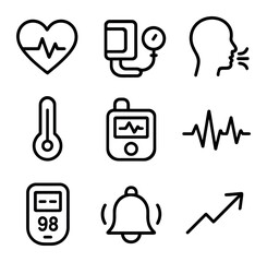 Vital Signs Icons. Outline icon set of vital signs chart: heart rate, blood pressure cuff, respiration icon, thermometer, pulse