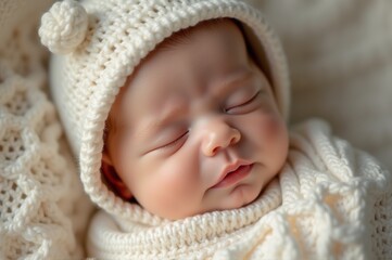 Nestled in a warm knitted blanket, a baby softly sleeps with a peaceful expression, surrounded by the gentle textures of cozy fibers, evoking calm and comfort within a home setting